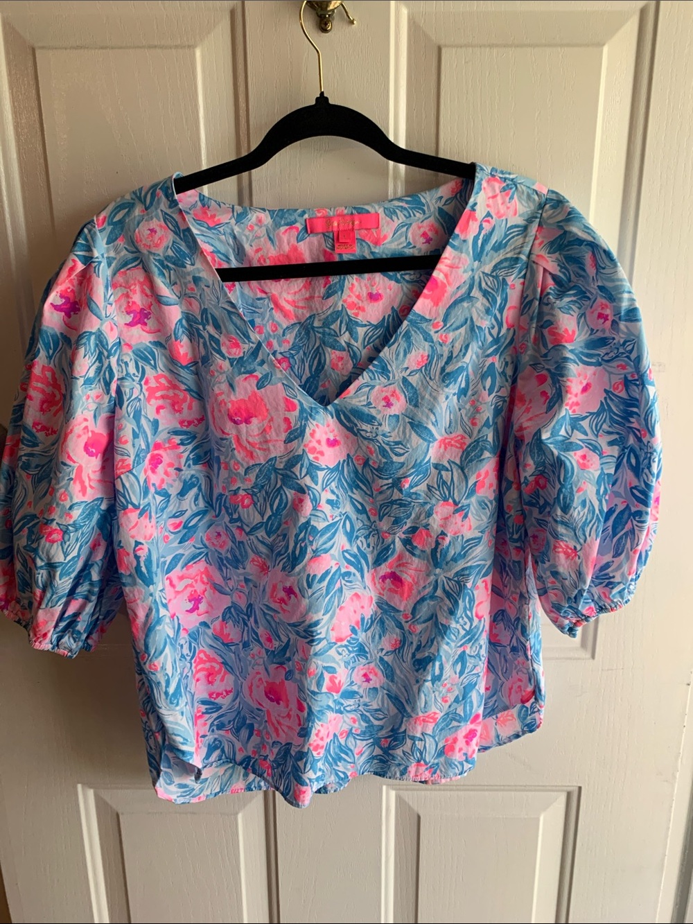 Lilly Pulitzer Pink and Blue Floral V-Neck Puff Sleeve Blouse